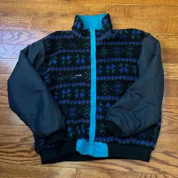 VTG LL Bean Warm Up Jacket Mens Teal Full Zip Fleece Lined Aztec Reversible Sz M - Picture 7 of 13